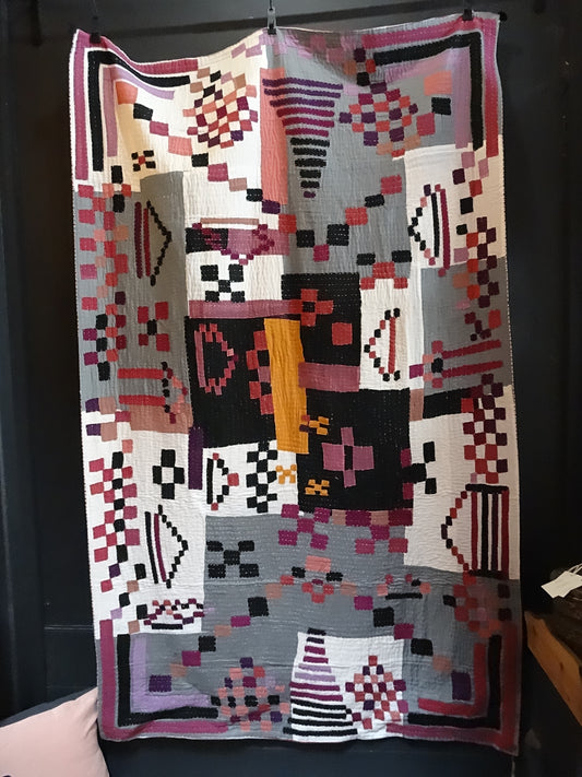Handcrafted Siddi quilt in Burgandy Grey and Pink
