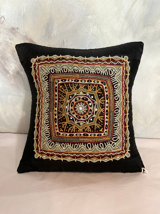 Rabari Hand Embroidered Pillow with Mirrors in black