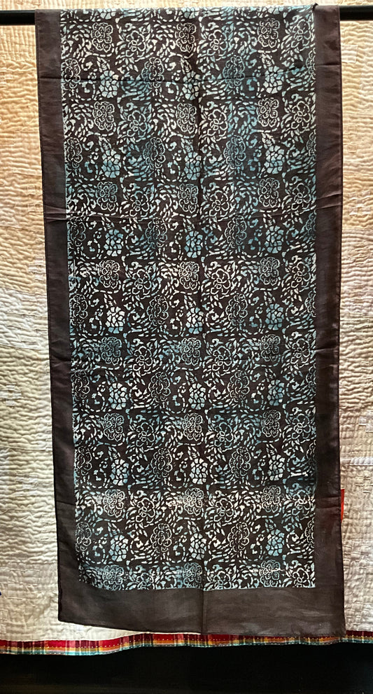 Silk scarf in Block Printed browns and Blues