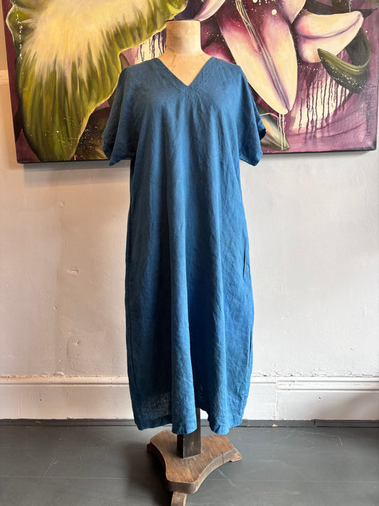 Blue Linen Dress with V neck