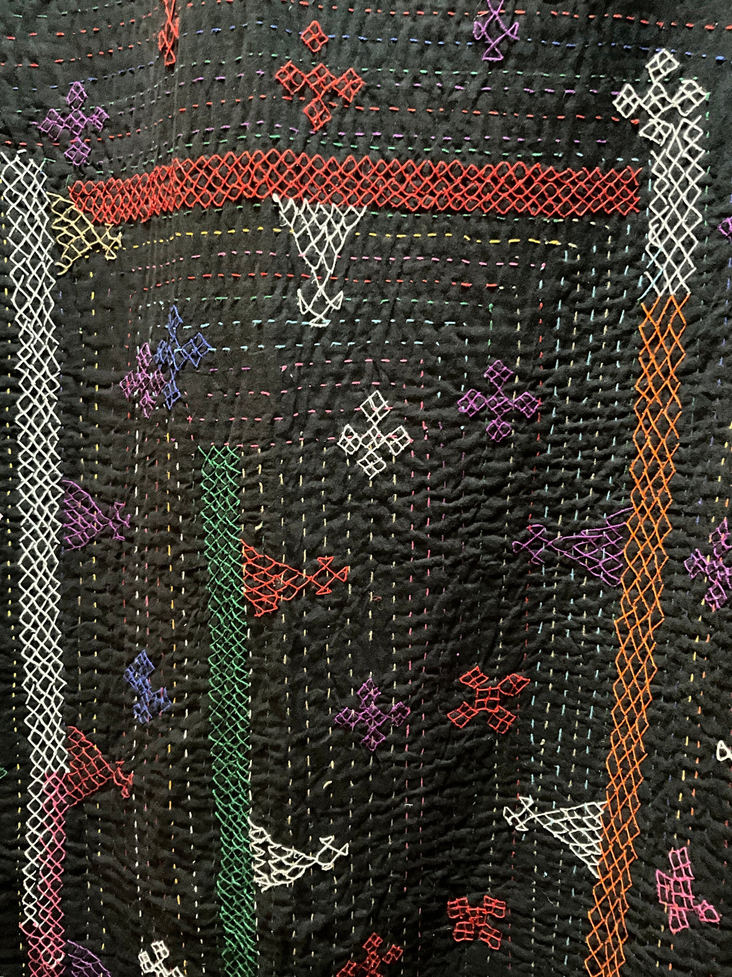 Hand stitched quilt in black with multi coloured embroidery