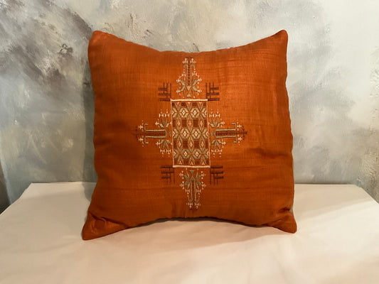 Handwoven, Hand Embroidered Silk pillow in Rust