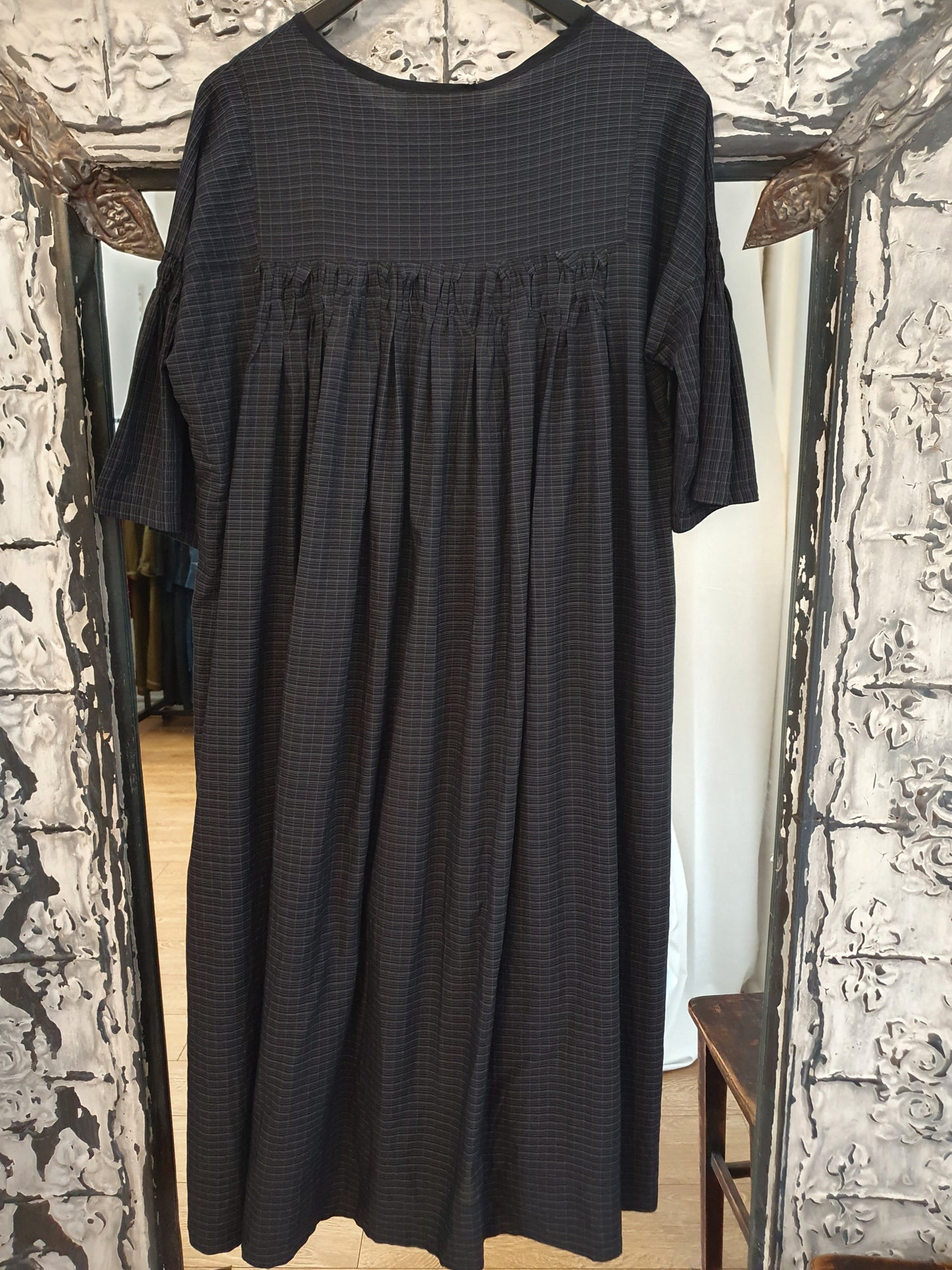 Elise dress in handwoven black cotton check