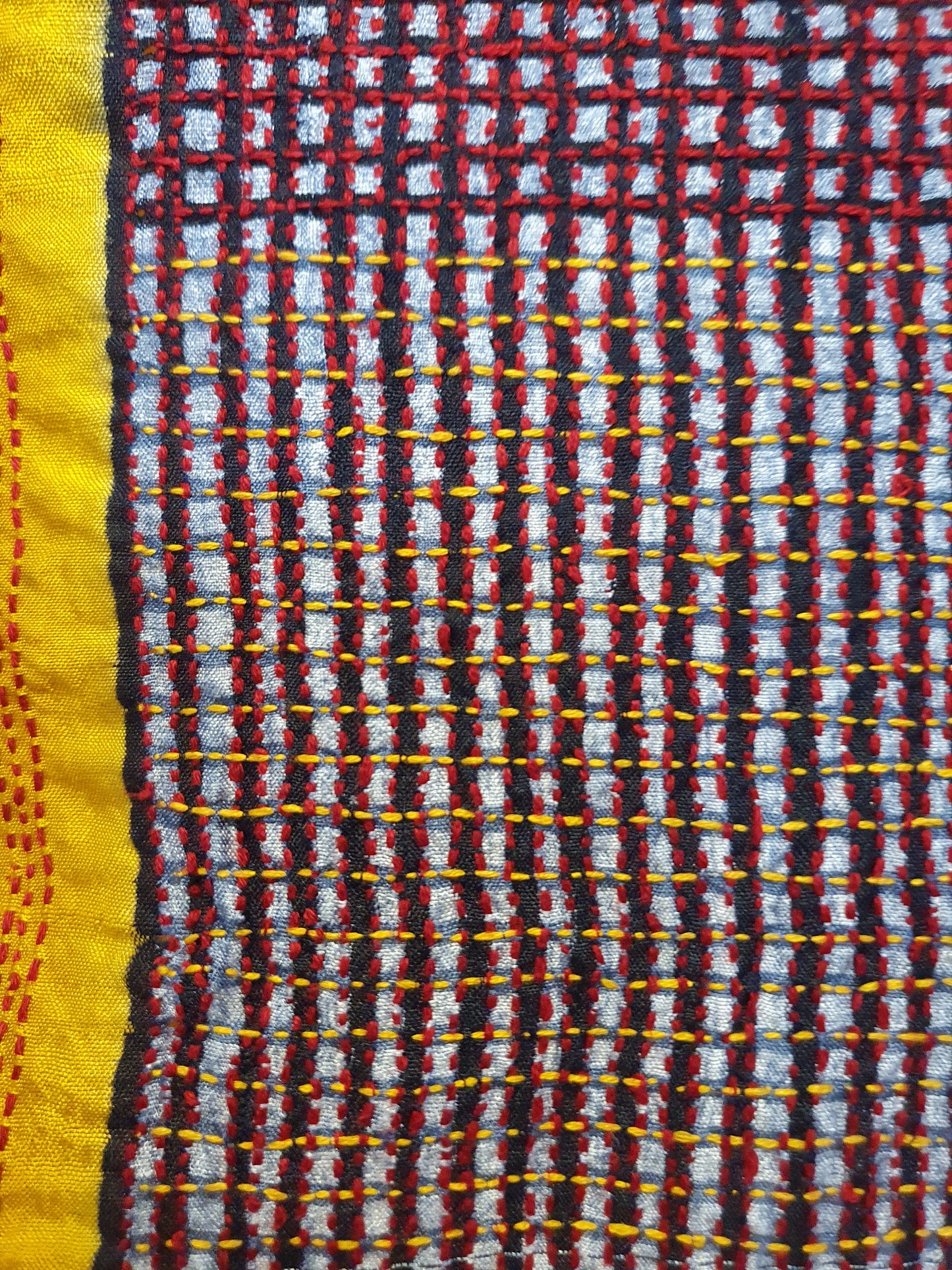 Silk scarf with hand stitched large checks