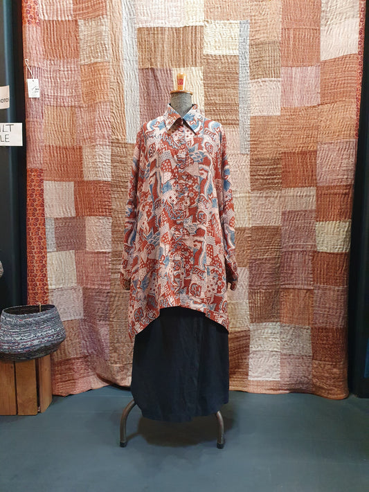 Oversized shirt in brown hand blockprinted cotton
