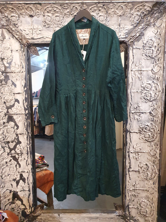 Victoria Duster coat in forest green Linen