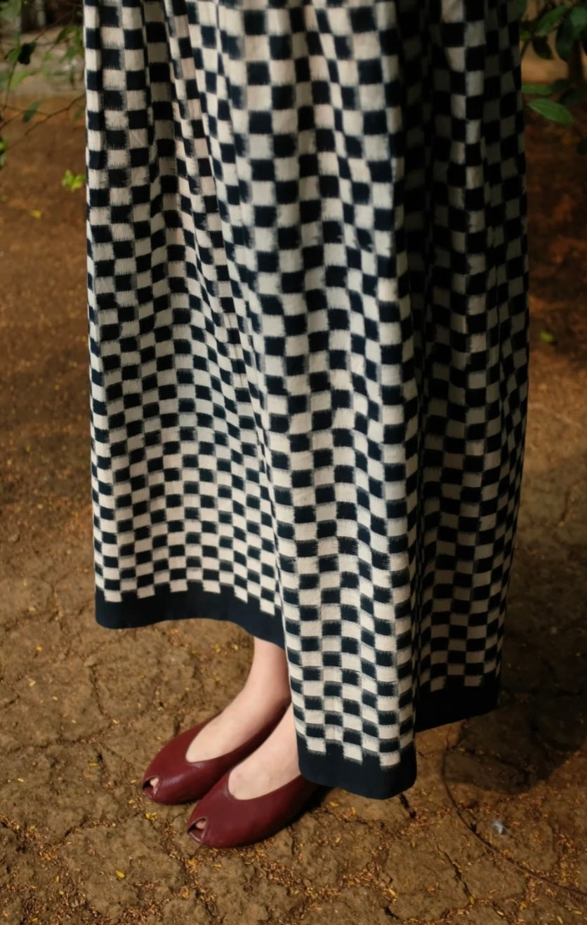 Diana dress in handwoven indigo and white ikat cotton