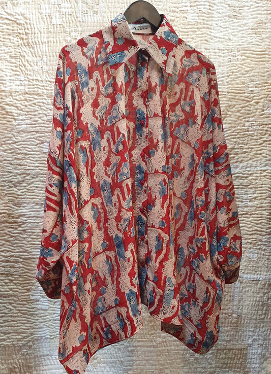 Oversized shirt in Red Hand block printed Cotton