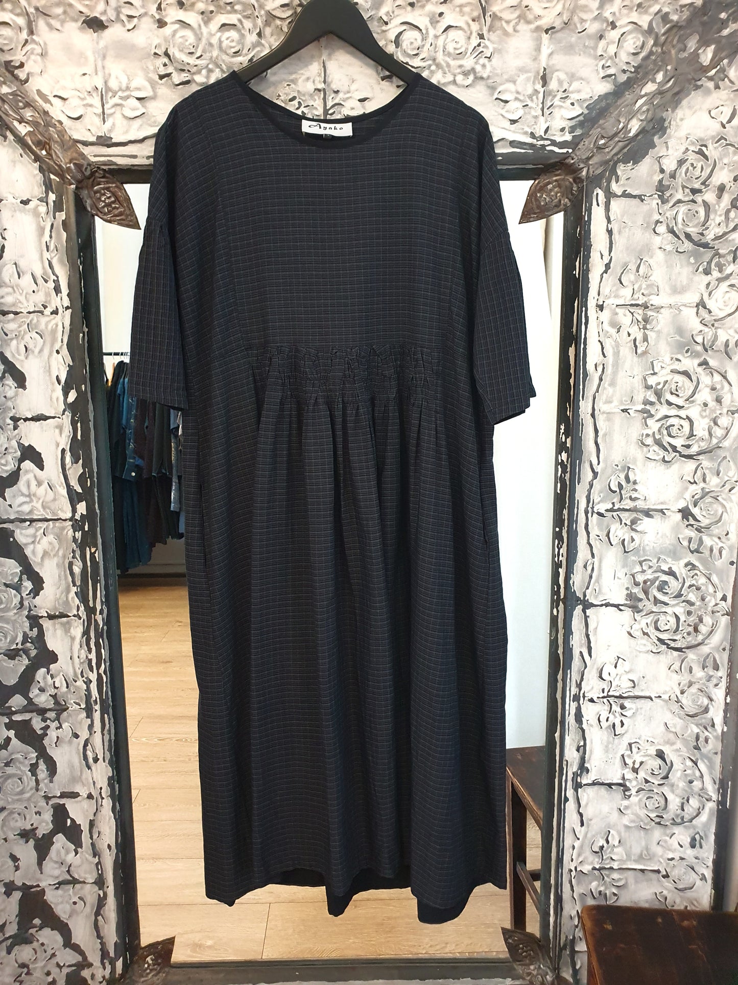 Elise dress in handwoven black cotton check