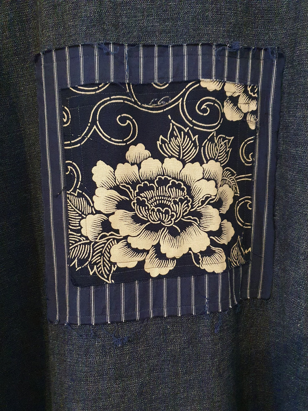 Japanese denim swing coat with vintage Japanese cotton trim