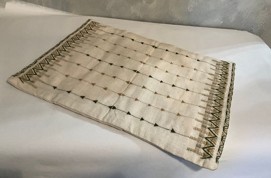 Hand woven Hand Embroidered Silk Pillow in Cream and Green