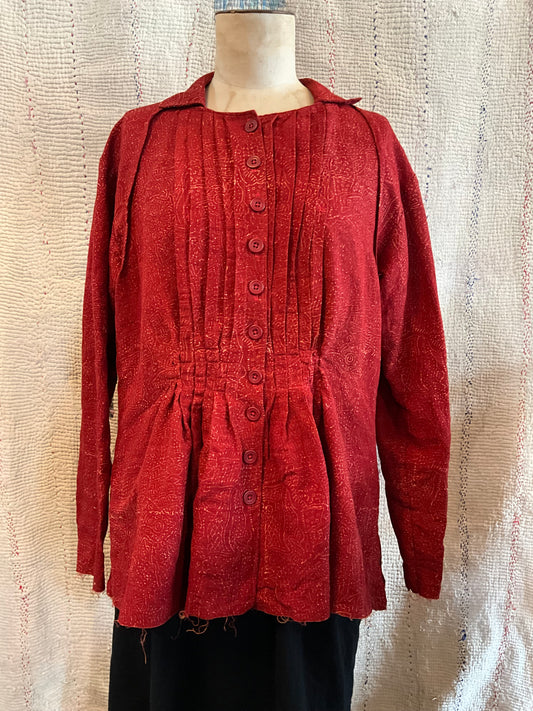 Hand woven pintucked linen Jacket in red