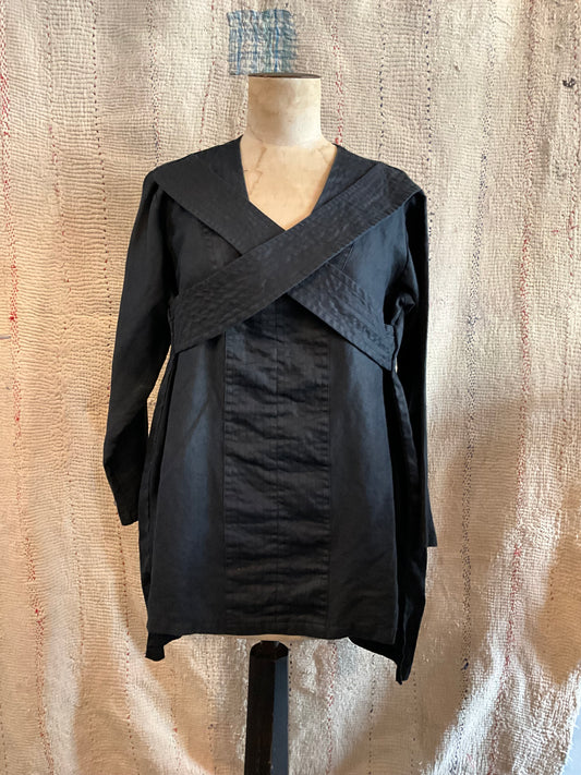 Linen Cross Over Tunic in Black