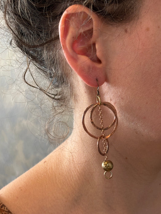 Double Circle Brass Earrings with Chain