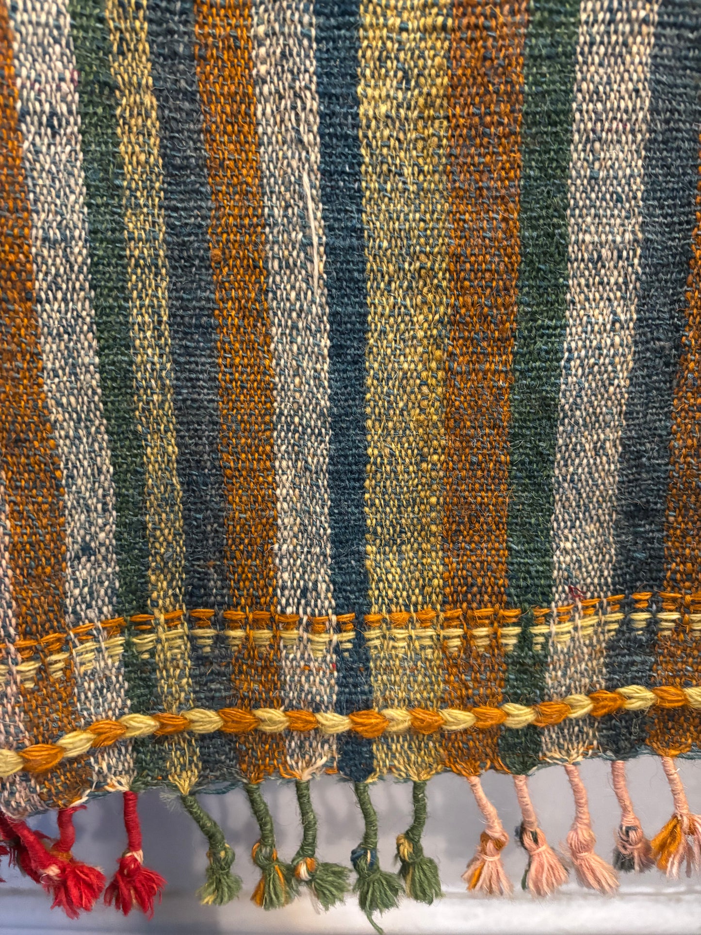 Handwoven Naturally Dyed Sheep’s Wool Scarf in Blues and Oranges