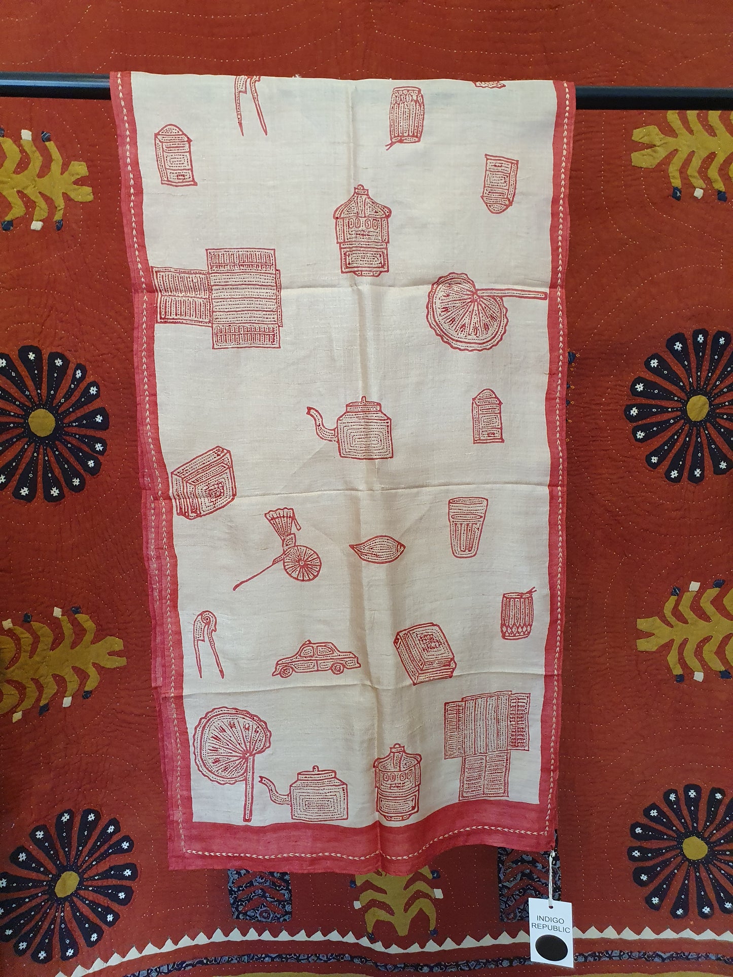 Silk scarf in cream with red motifs