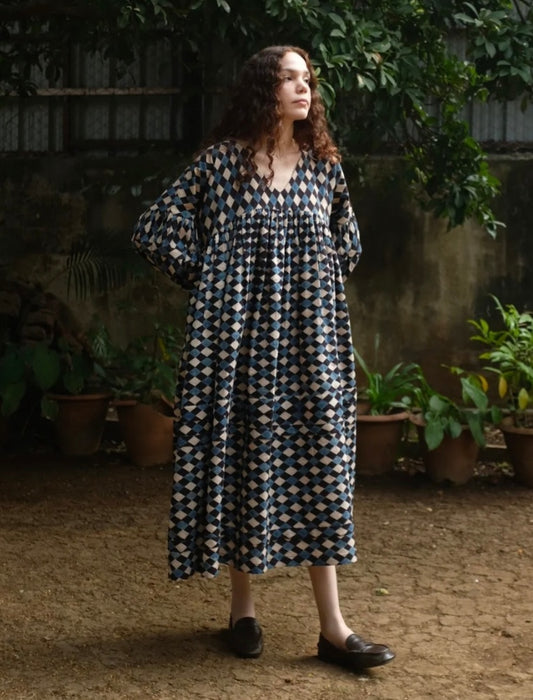 Irisa dress in blockprinted cotton silk