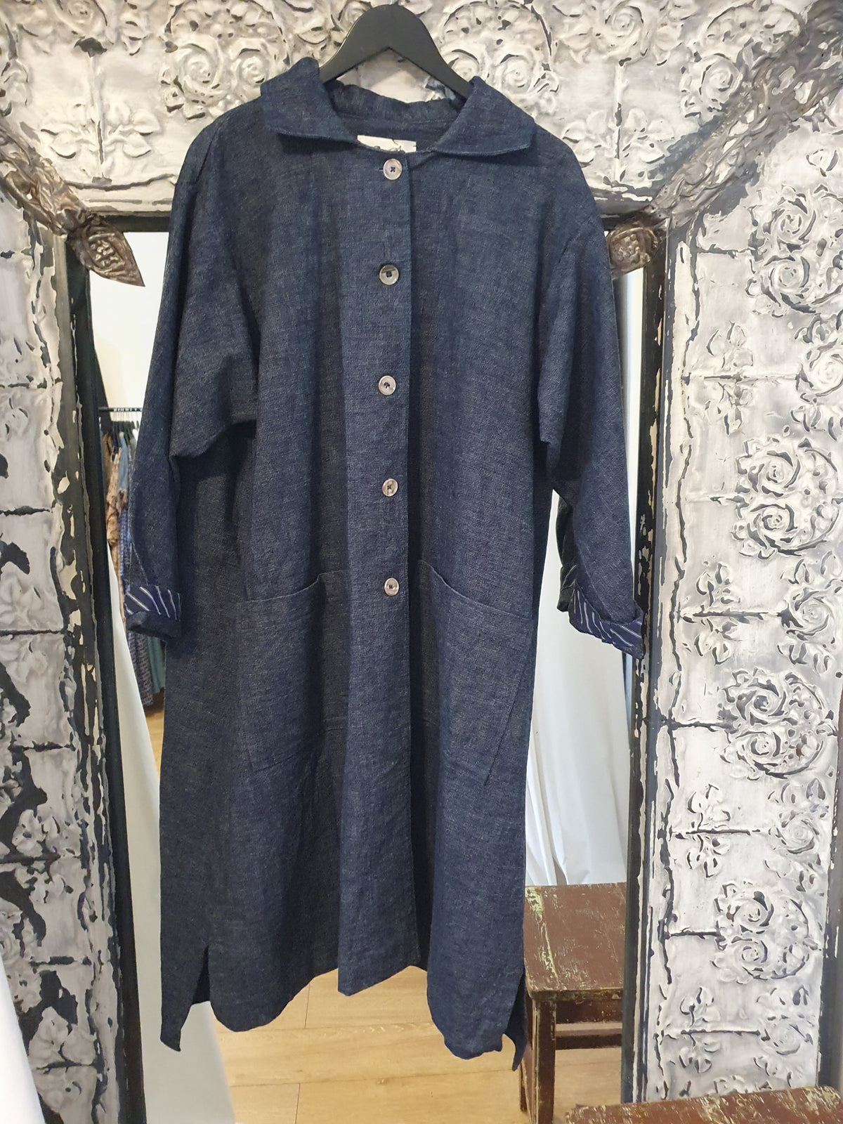 Japanese denim swing coat with vintage Japanese cotton trim