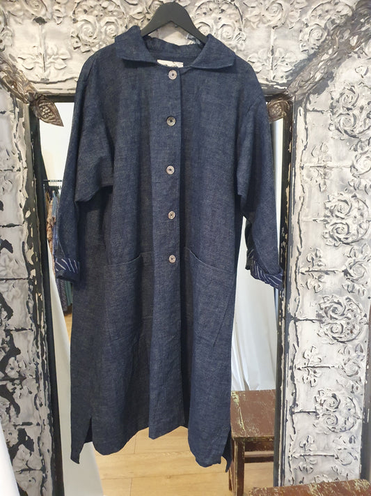 Japanese denim swing coat with vintage Japanese cotton trim