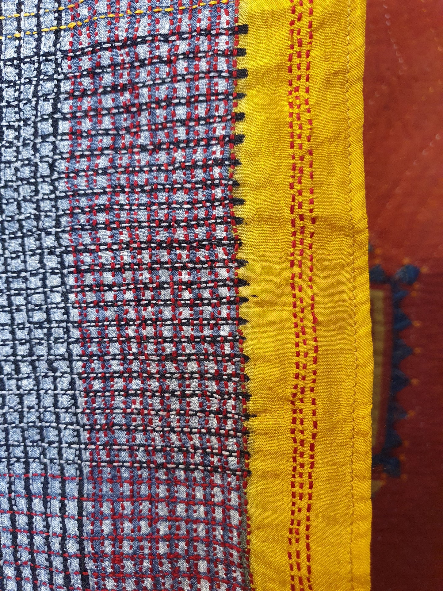 Silk scarf with hand stitched large checks