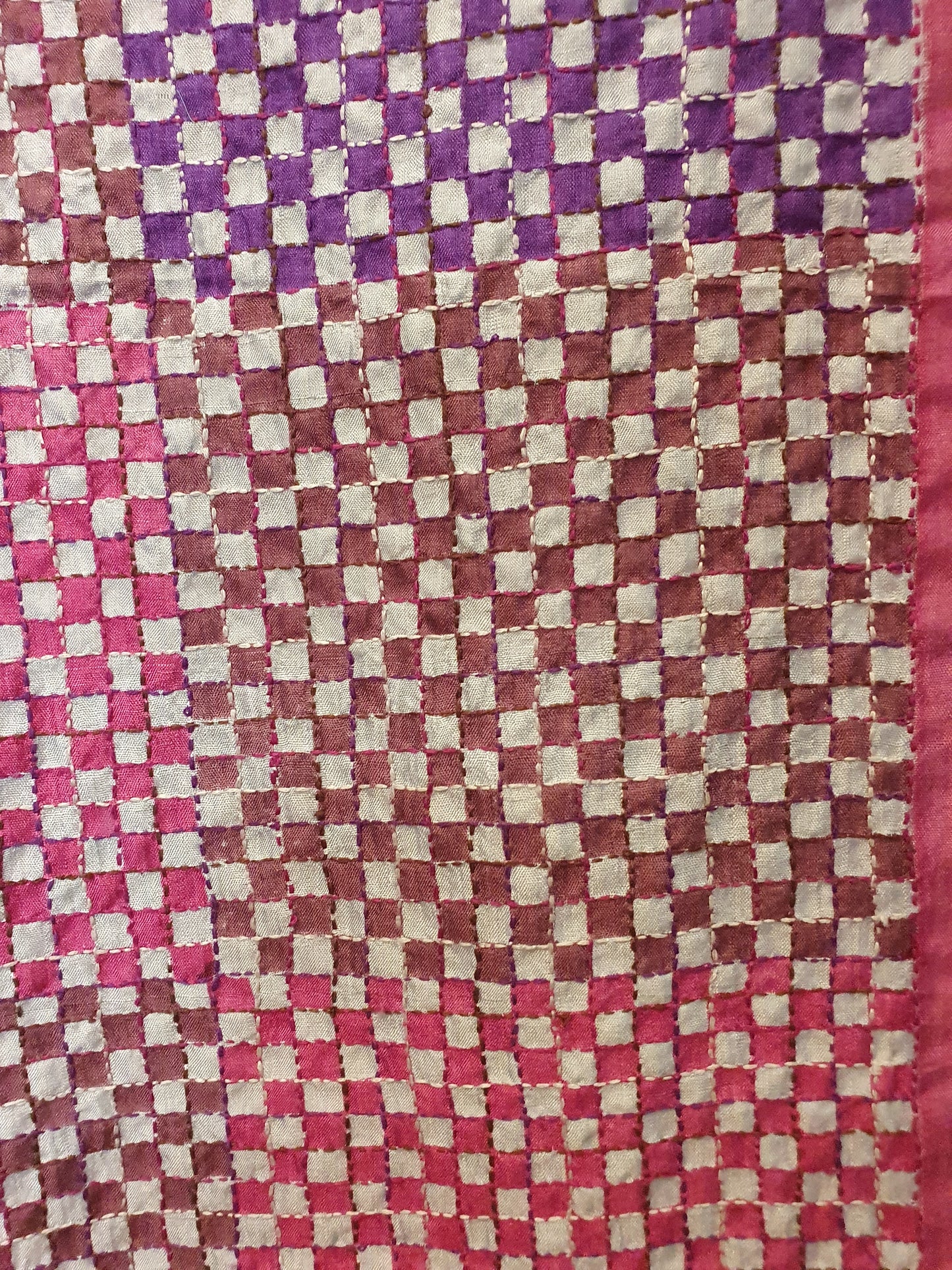 Silk scarf in checkerboard and handstitching