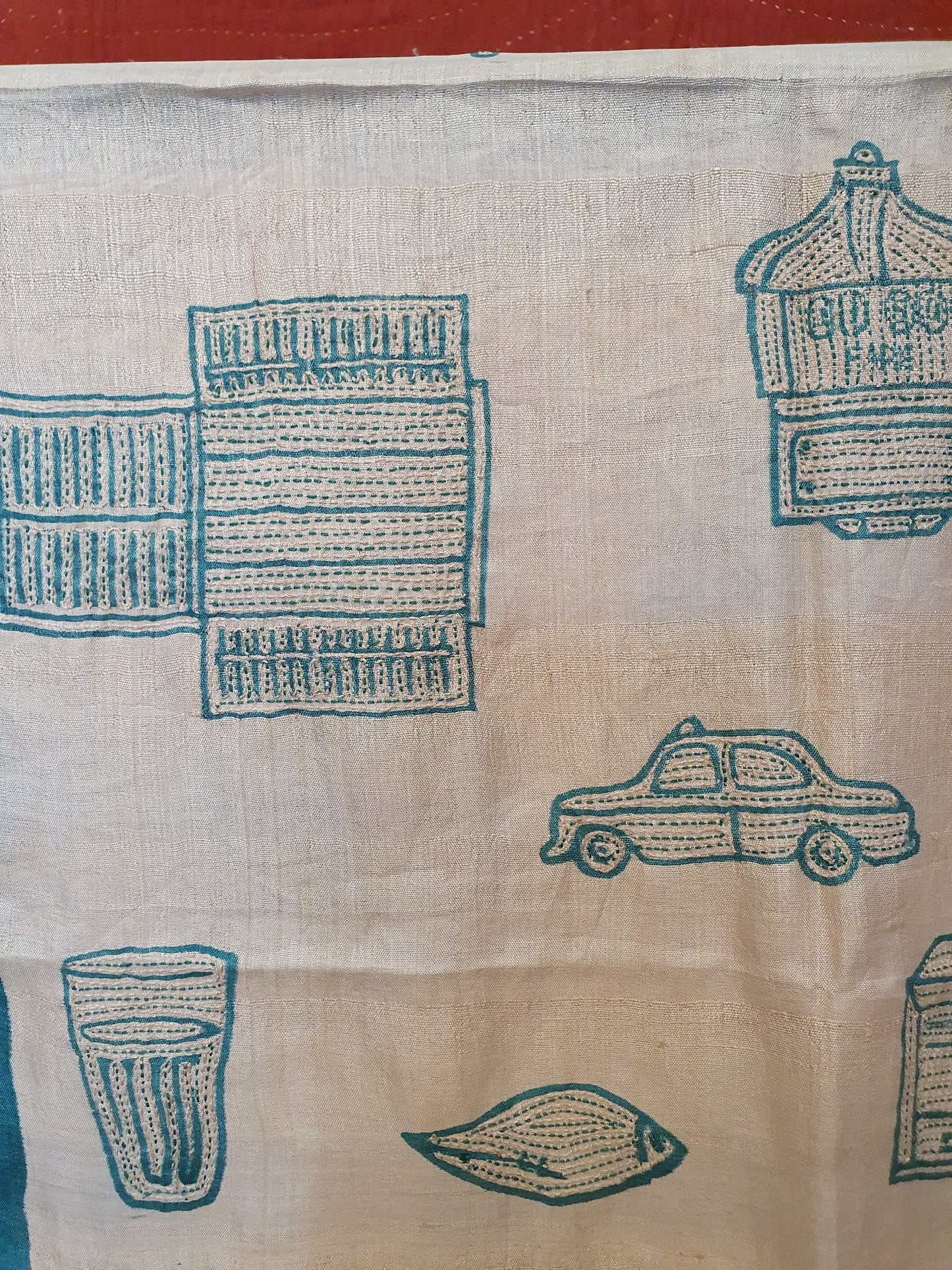 Silk scarf in cream with green motifs