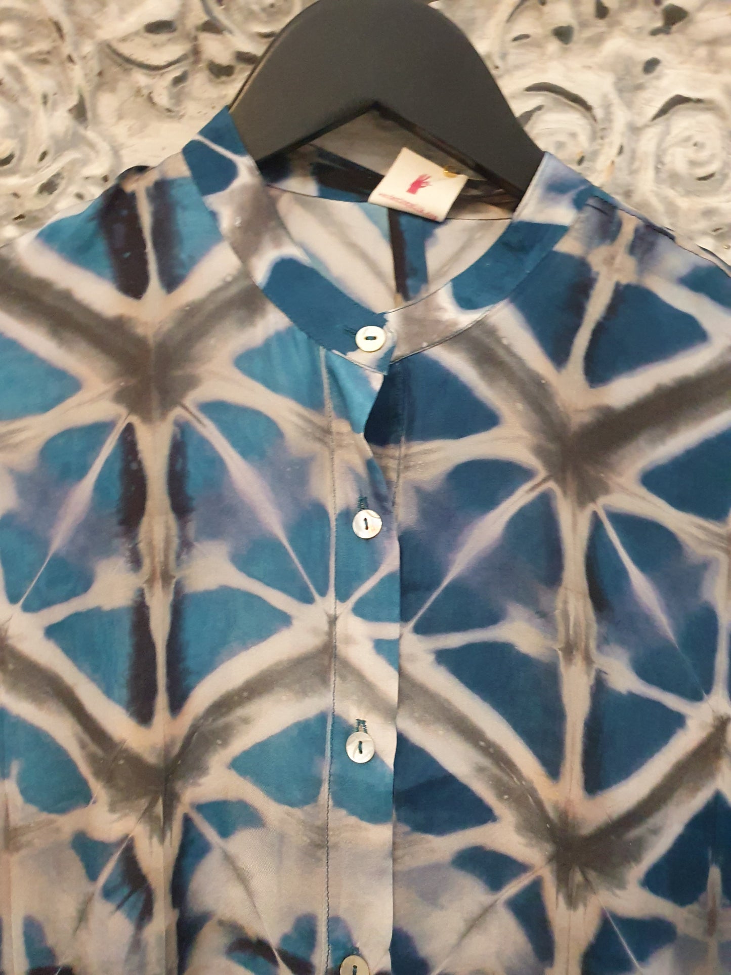 Hand shibori silk shirt in grey and blue