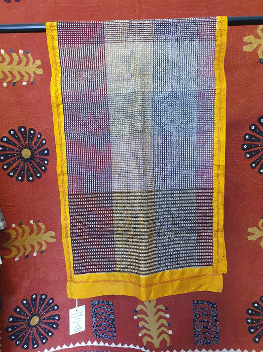 Silk scarf with hand stitched large checks