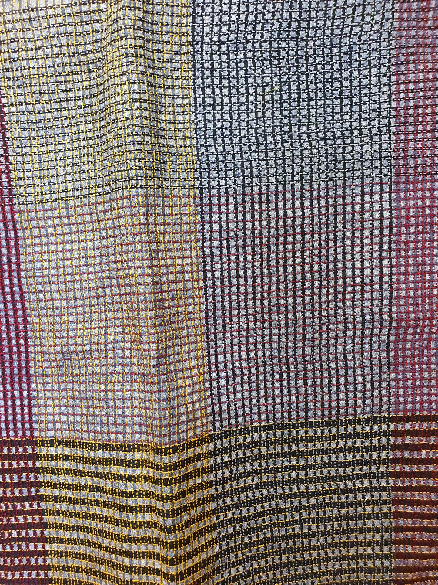 Silk scarf with hand stitched large checks