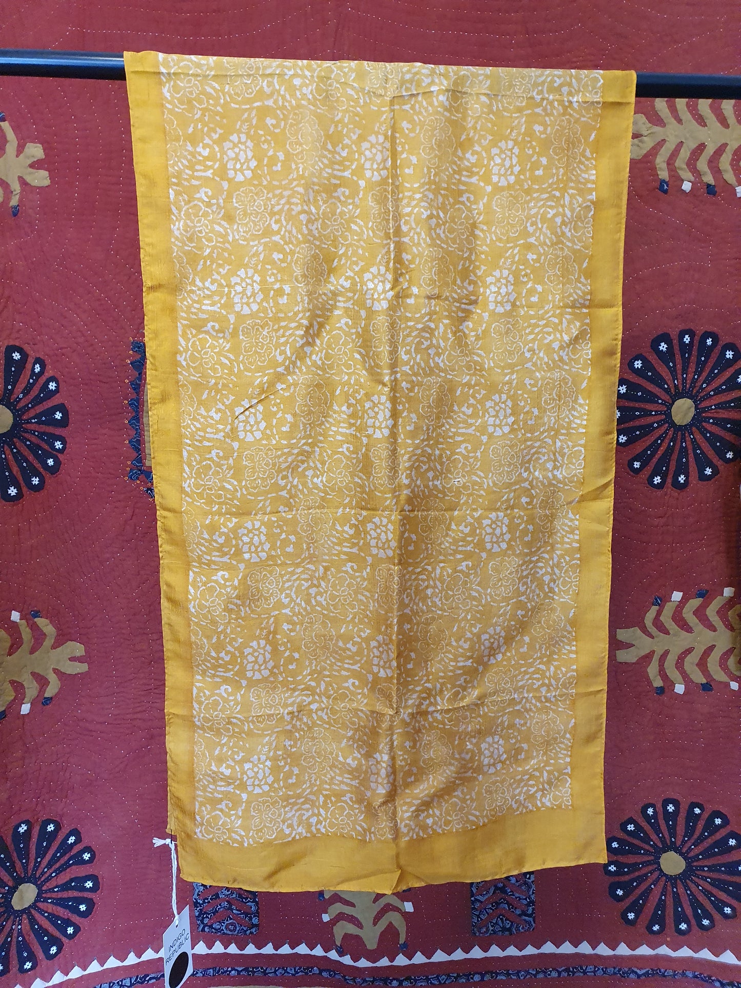 Silk hand blockprinted scarf in mustard