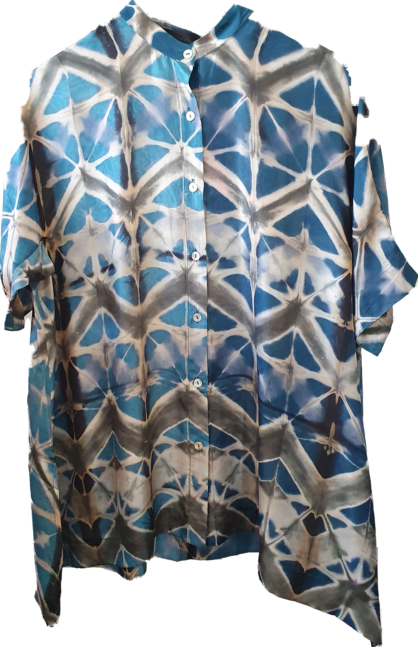 Hand shibori silk shirt in grey and blue