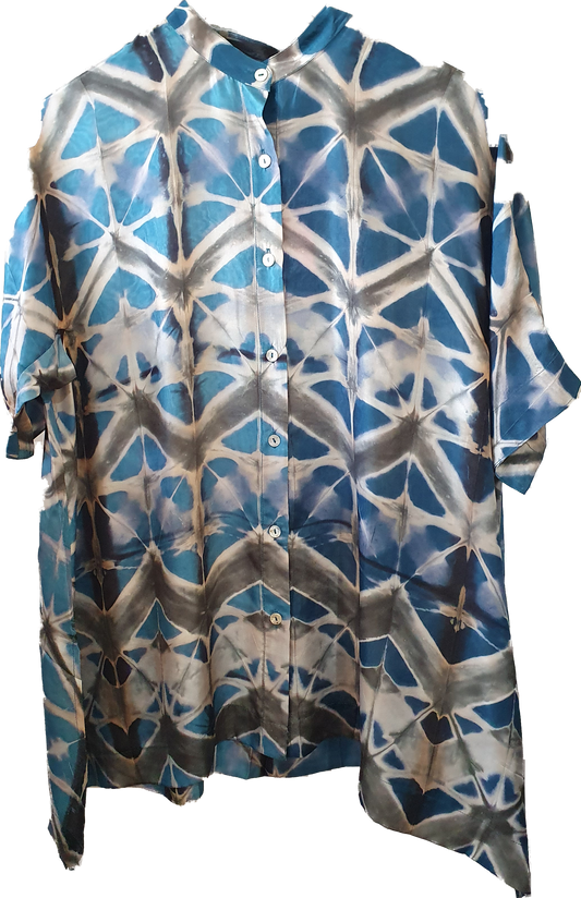 Hand shibori silk shirt in grey and blue
