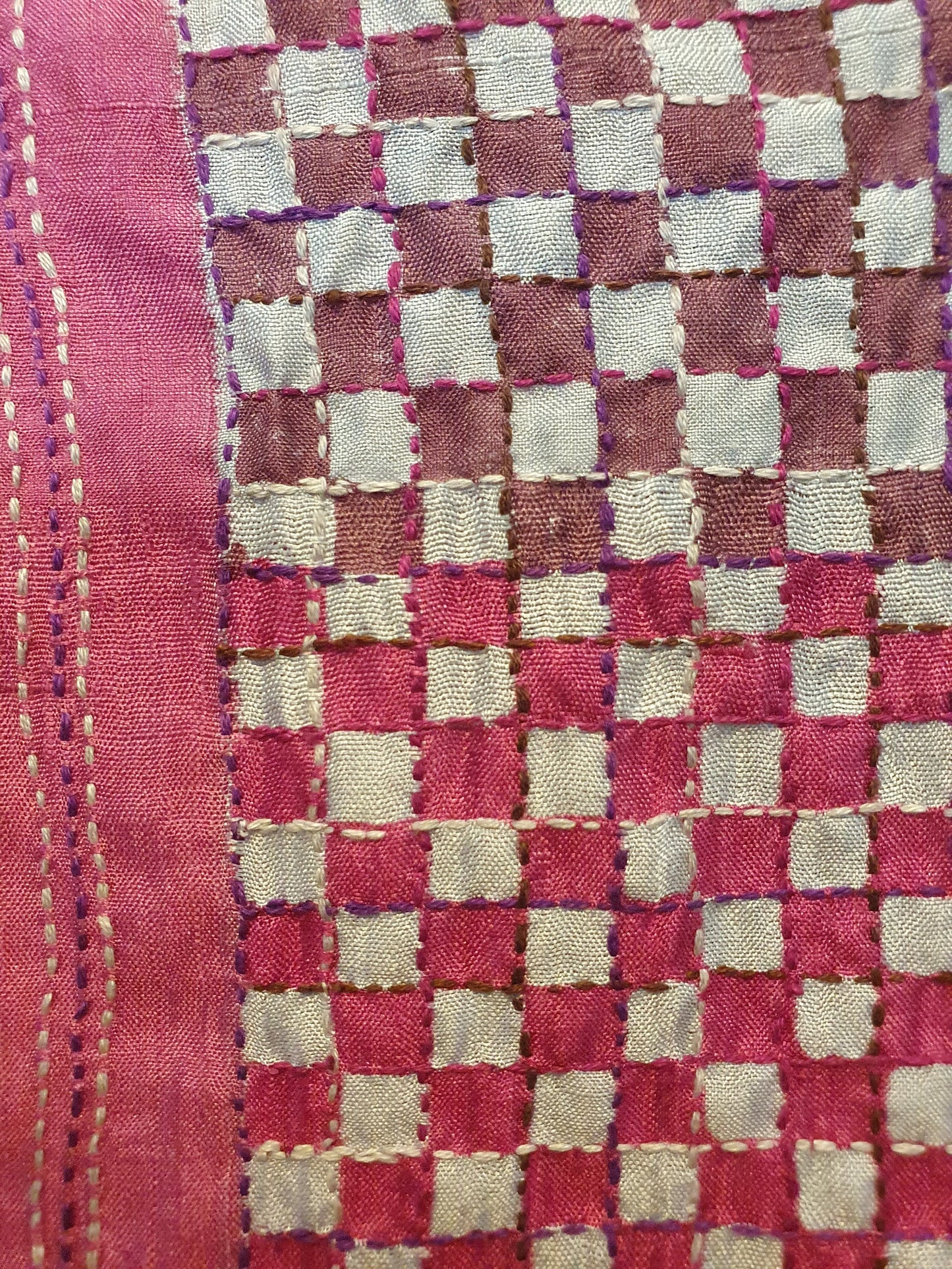 Silk scarf in checkerboard and handstitching