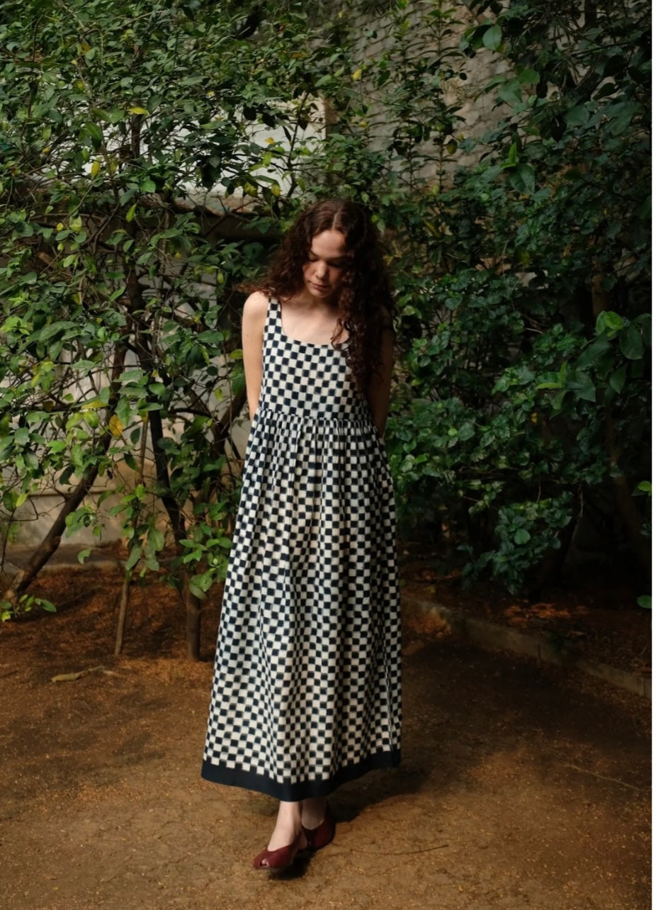 Diana dress in handwoven indigo and white ikat cotton