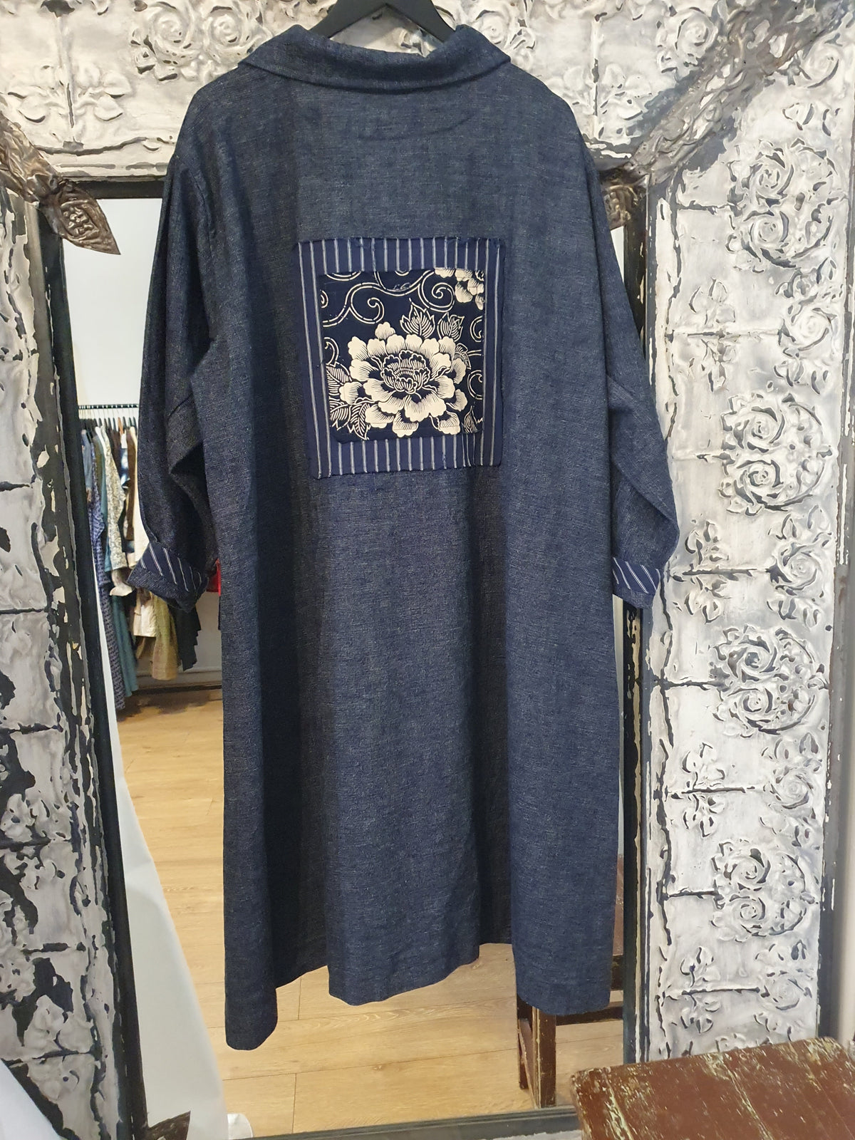 Japanese denim swing coat with vintage Japanese cotton trim