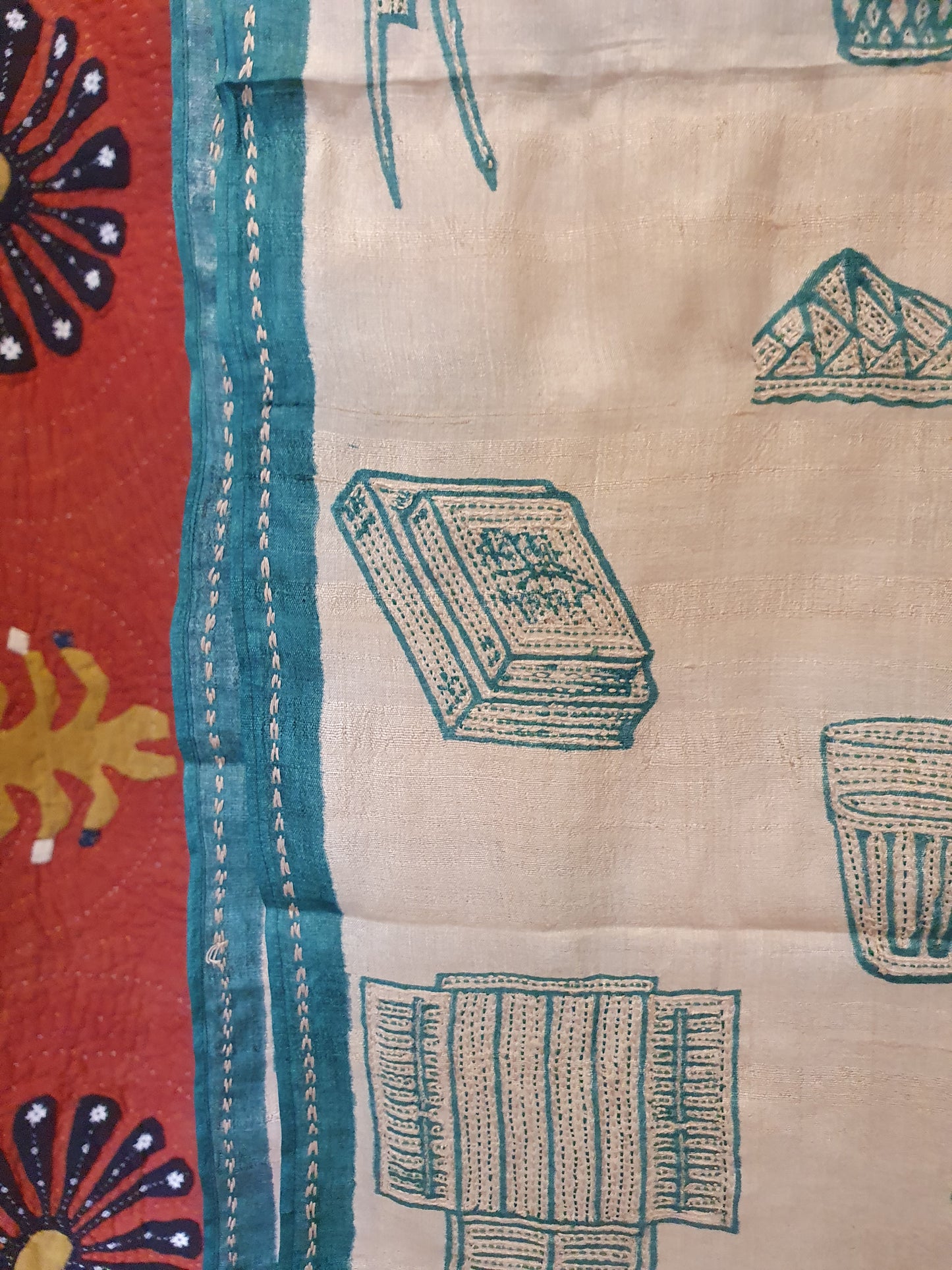 Silk scarf in cream with green motifs