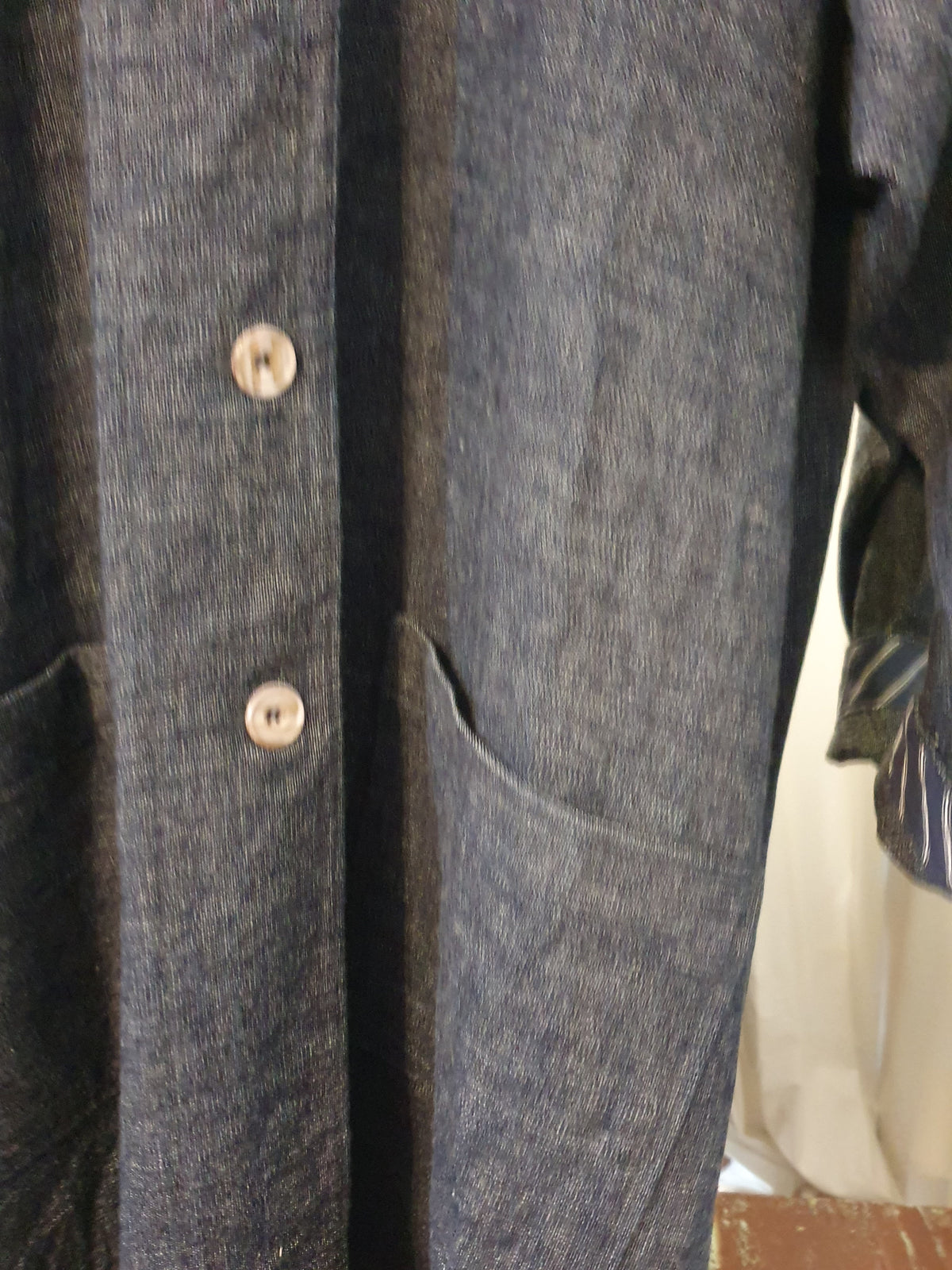 Japanese denim swing coat with vintage Japanese cotton trim