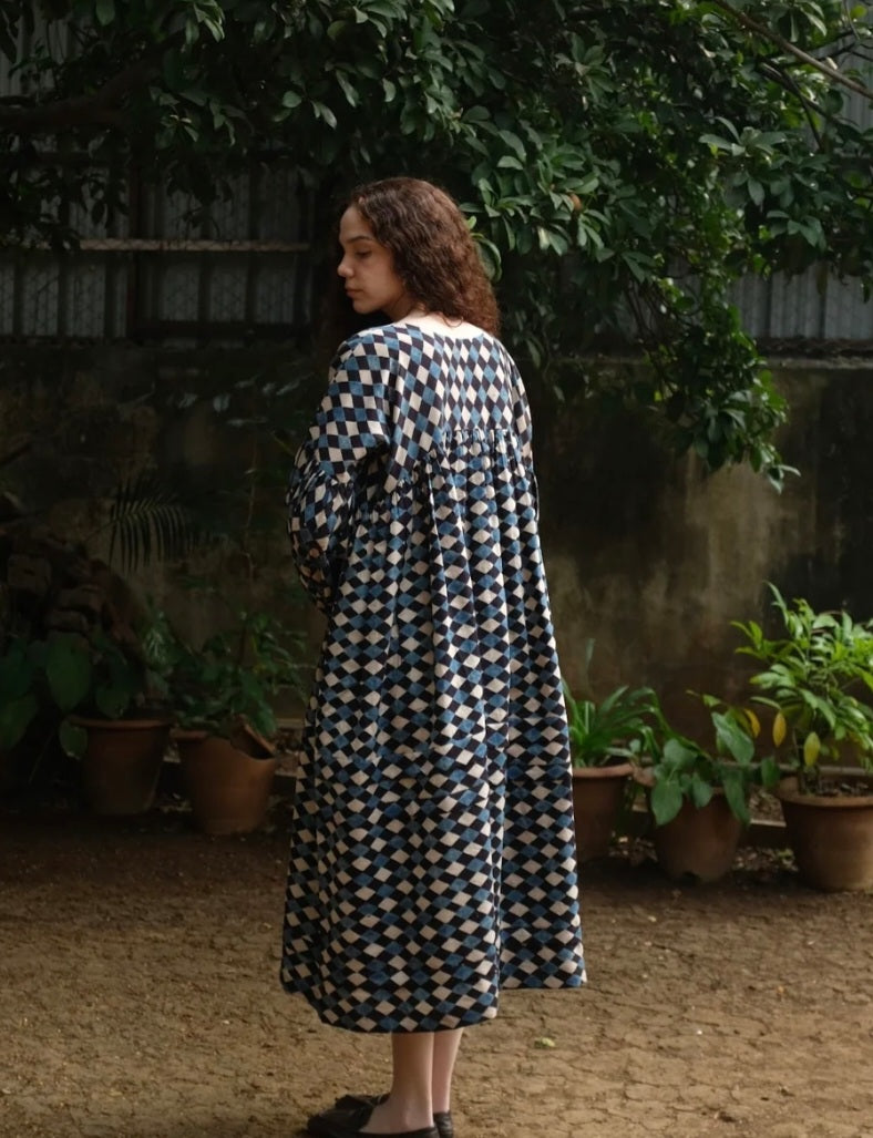 Irisa dress in blockprinted cotton silk