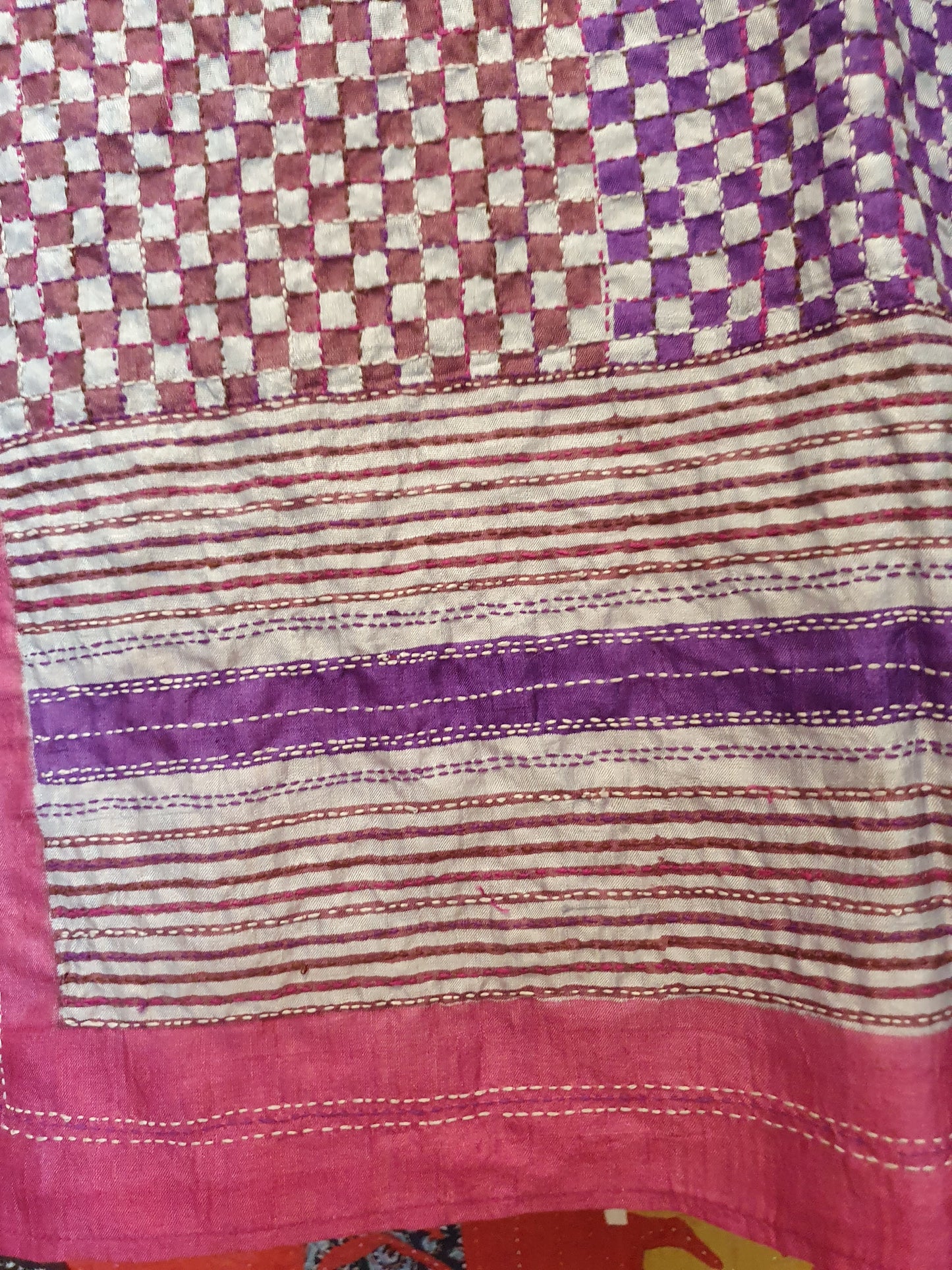 Silk scarf in checkerboard and handstitching